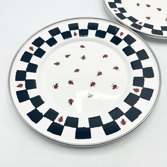 Golden Rabbit II 1999 Ladybug Plates Checkered Enamelware Jean Wilkes Set of 2 - Picture 3 of 10
